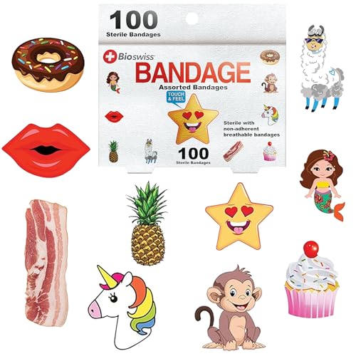 BioSwiss Bandages, Assorted Animal, Fun, and Food Shaped Self Adhesive Bandage Set, Latex Free, Sterile Wound Care, 100 Count - size: 100 Piece Assortment, style: Assorted Shapes
