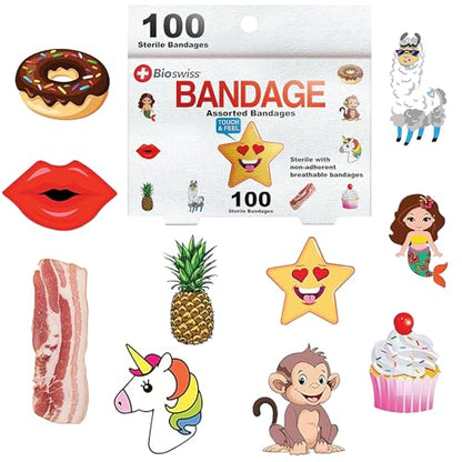 BioSwiss Bandages, Assorted Animal, Fun, and Food Shaped Self Adhesive Bandage Set, Latex Free, Sterile Wound Care, 100 Count - size: 100 Piece Assortment, style: Assorted Shapes