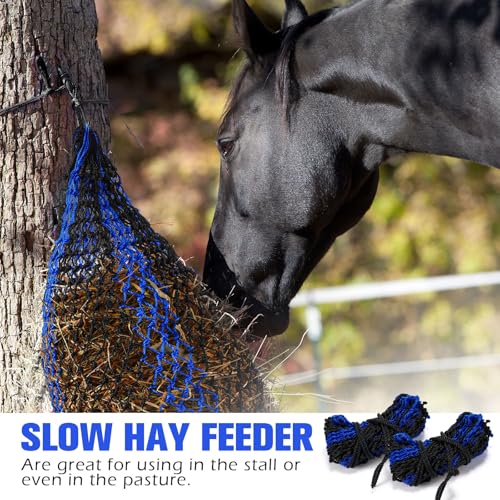 2 Pcs Slow Feed Hay Bag 36 Inch Ultra Slow Hay Feeders 1.5 x 1.5 Inch Holes Hay Nets for Horses Goat Livestock Horse Supplies, Black and Blue