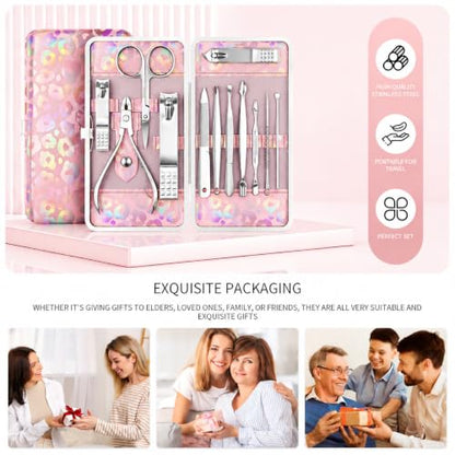 ZIZZON Nail Clippers Kit Manicure Pedicure Set with Holographic Case(Pink) | 12-Piece Set with Thicker Steel, Precision-ground Cutting Edges, and Smooth-finished Tools for Clean, Precise Trimming. - color: Pink