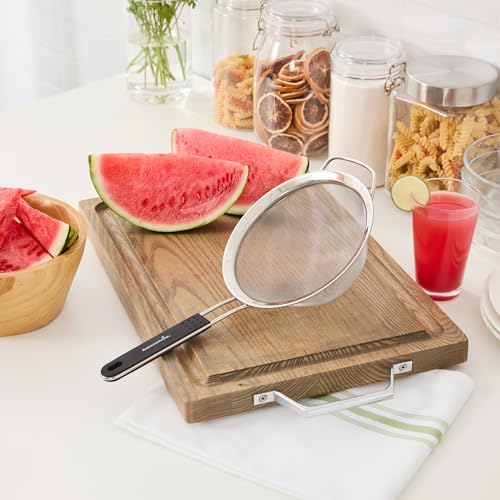Restaurantware Fine Mesh Strainer 1 Count 14.4" x 7" x 2.9" with Silicone Handle Stainless Steel Extra Fine Mesh Strainer Heat-Resistant Handle Dishwasher-Safe for Rice, Quinoa, Pasta - size: Standard, Extra Fine Mesh-7"