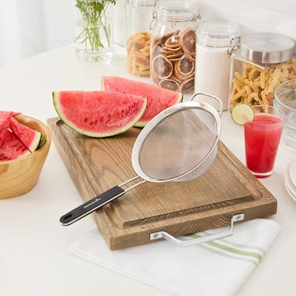 Restaurantware Fine Mesh Strainer 1 Count 14.4" x 7" x 2.9" with Silicone Handle Stainless Steel Extra Fine Mesh Strainer Heat-Resistant Handle Dishwasher-Safe for Rice, Quinoa, Pasta - size: Standard, Extra Fine Mesh-7"