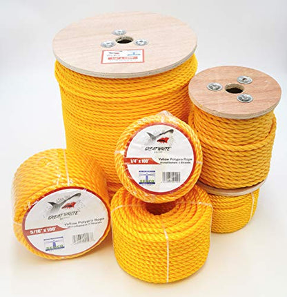 Yellow Poly Rope 5/16" x 100 Foot Polypropylene, Marine, Industrial, Resistant to Moisture Chemical Oil Floats Stretch Resistant Deer Fence Home Improvement DIY Yellow Rope, Great White Brands, USA
