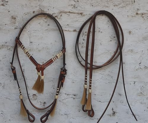 Leather Bridle Western Tack Full Grain Leather Adjustable Bridle for Horse Horse Knotted Browband Headstall with Reins 78Rawhide - Brown