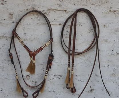 Leather Bridle Western Tack Full Grain Leather Adjustable Bridle for Horse Horse Knotted Browband Headstall with Reins 78Rawhide - Brown