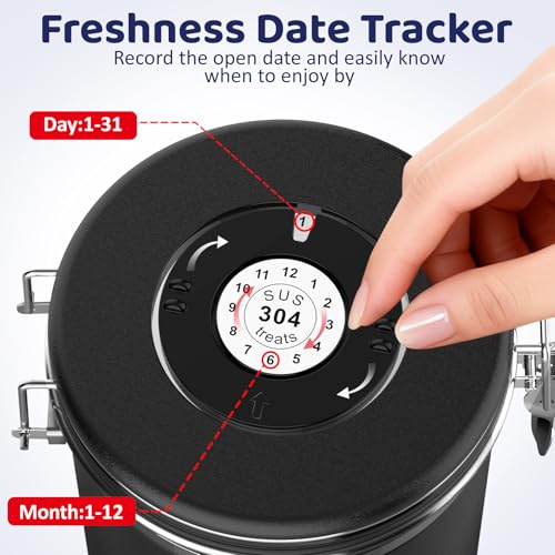 ENONCI Airtight Dog Treat Canister, 304 Stainless Steel Food Storage Jar with Date Dial Black-1.8L - color: Black, size: 1.8l
