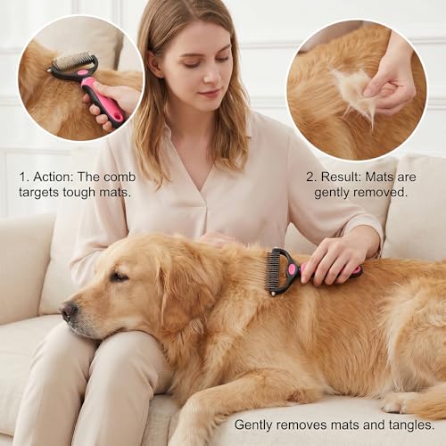 Dematting Comb for Dogs and Cats, Undercoat Rake Pet Brush for Long Hair, Deshedding Dog Brush Removes Tangles Knots and Loose Fur, Grooming Tool for Thick Coats (Pink M) - color: Pink M