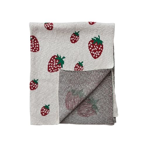 Creative Co-Op Cotton Knit Baby Blanket with Strawberry Pattern, Cream, Red and Green - color: Strawberries, size: 40" L x 32" W