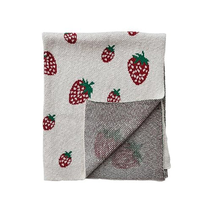 Creative Co-Op Cotton Knit Baby Blanket with Strawberry Pattern, Cream, Red and Green - color: Strawberries, size: 40" L x 32" W