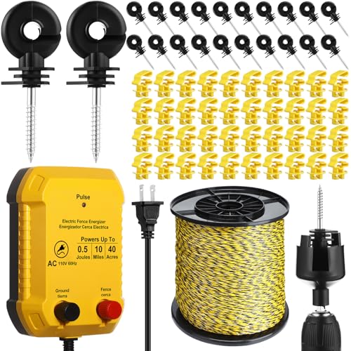 Electric Fence Kit, 5 Mile 110 VAC 0.5 J Fence Charger, 3366 ft Polywire - size: 3366FT, style: 0.5J