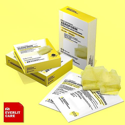 EVERLIT Xeroform Petrolatum Dressing | Sterile, Non-Adherent Occlusive Fine Mesh Gauze Pad | Non-Toxic, Gentle Patch for Burns, Laceration, Surgical Incisions & Skin Grafts (5" x 9" | Pack of 25) - size: 5" x 9" | Pack of 25