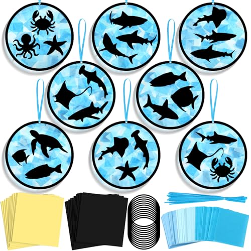 AmazingSpark 30 Pcs Ocean Suncatchers Craft Kit Summer Activities Kids | Beach Tissue Paper Art, Sea Crab Starfish Designs, Party Favors Bulk, Colorful Hanging Window Decorations for Kids - style: Ocean Fish