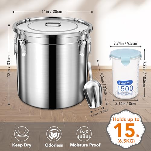 Newget 15lb Airtight Stainless Steel Dog Food Storage Container with Scoop - size: 15 lb