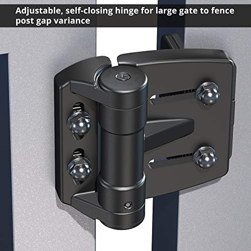 D&D Technologies TCAMA2 Multi-Adjust Regular Duty Gate Hinges, For Self Closing Metal, Wood, Vinyl Gates up to 55 Pounds, 3-Way Adjustable, Gap up to 2", For Square Gate Frame and Post, Black, 2 Count | 3-way adjustable gate hinge, 2" gate gap, self-close