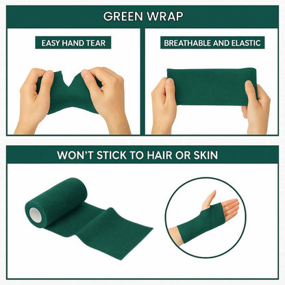 4" Cohesive Flexible Bandage Wrap – Green - Pack of 4 | Self-Adherent Vet Tape for Animal Wound Care, Wrapping, and Support – Non-Slip, Breathable, Flexible Bandage for Livestock - color: Green