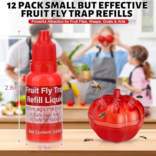 12 Pack Natural Fruit Fly Trap Refill Liquid, Wasp Bee Trap Refill Liquids, Effective Mosquito Gnat Fly Refill Liquid for Indoor Outdoor Tabletop Kitchen Plant, Safe Near Food & Kids, 0.68oz/ Bottle