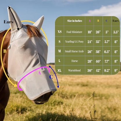 Raelitego Horse Fly Mask with Ears no Nose, Breathable Mesh UV Protect (S) - size: S