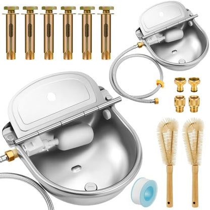 Tessco 2 Sets 4L/135oz Automatic Animal Drinking Water Trough Bowl with Float Valve Waterer Kit Livestock for Dog Horse with Pipe Connector Countersunk Bolt(Normal Style,Stainless Steel)