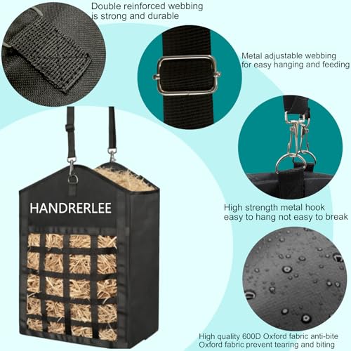 Hay Bags for Horses, 2PCS Slow Feed Hay Bags for Goats, Sheep, Donkey, Two-Sided Premium Oxford Hay Feed Bags and High Strength Metal Clasp, Easy to Hang with Adjustable Strap(Black, Large 2 Pack) - size: 2PCS