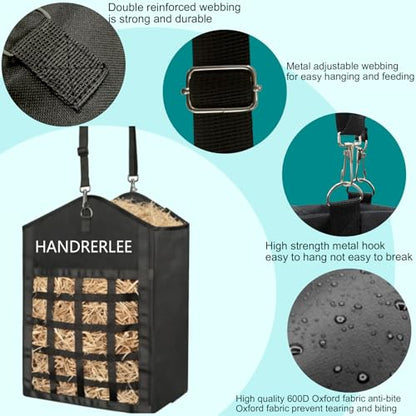 Hay Bags for Horses, 2PCS Slow Feed Hay Bags for Goats, Sheep, Donkey, Two-Sided Premium Oxford Hay Feed Bags and High Strength Metal Clasp, Easy to Hang with Adjustable Strap(Black, Large 2 Pack) - size: 2PCS