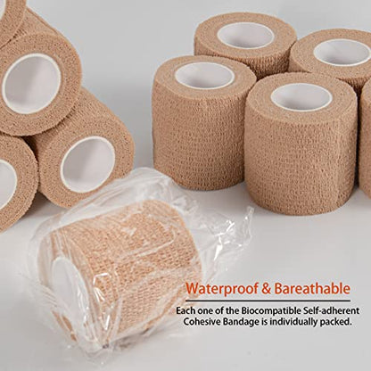48 Pack 2” x 5 Yards Self Adhesive Bandage Wrap Athletic Elastic Breathable Cohesive Bandage Wrap Rolls for Stretch, Sports, First Aid, Wrist, Ankle Sprains, Swelling, Vet Wrap, Brown - color: Brown