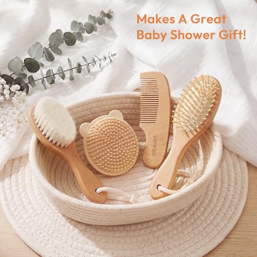 Baby Brush and Comb Set, 4 Piece Wooden Soft Bristle Hairbrush for Newborns | Baby Brush for Cradle Cap, Essentials Care Kit, Baby Shower Gift for Boys & Girls