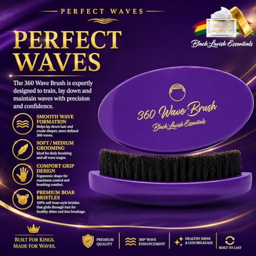 360 Wave Brush, Build Deeper Waves, Soft & Hard Boar Bristle Curved Brushes BLACK LAVISH ESSENTIALS Hard Bristle (Medium-Hard Brush, Purple) - color: Purple, size: Medium-Hard