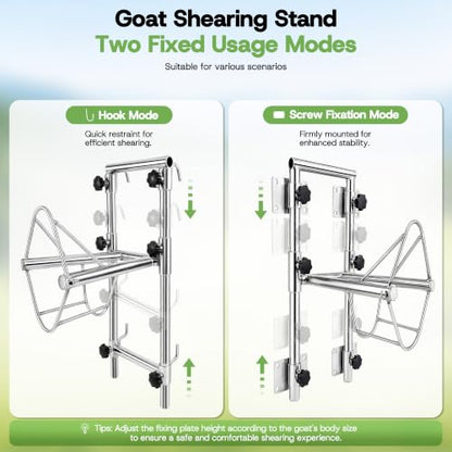 Goat Sheep Stand for Shearing & Milking with Bottom Hook & Dual Mounting 304 Stainless Steel Goat Stand – Adjustable Height for Farm, Ranch & Veterinary Use