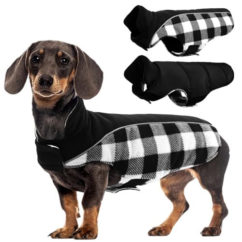 Kuoser Dog Winter Coat, Reversible Waterproof Dog Jacket with Reflective Strip, Warm Dogs Fleece Vest Adjustable Doggy Cold Weather Clothes Plaid Christmas Outfit Pet Apparel for Small Dogs, Black XS - color: Black, size: X-Small (Chest Girth: 9.4-13.8''