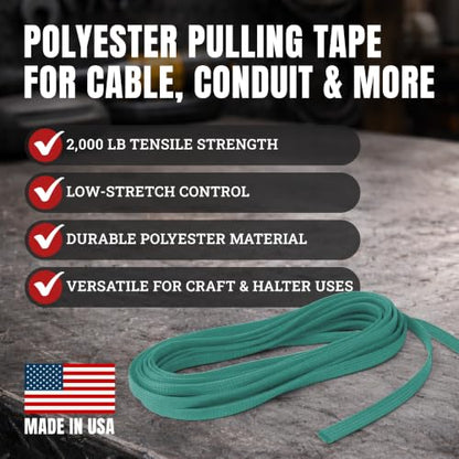 Cajun Tie Downs Pull Line — 3/4 Inch, 2,000 lb, Flat Polyester Pulling Tape, Conduit Wire Pulling, Made in USA, Turquoise, 100 ft - color: Turquoise, size: 3/4 Inch x 100 Feet (2000 lb)