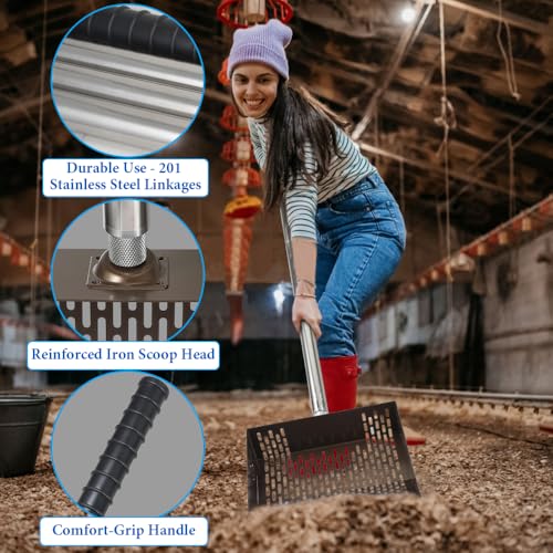 Kalekey Heavy Duty Chicken Coop Rake and Scoop, 15 Inch Extra Large Chicken Coop Rake with Adjustable Stainless Steel Handle (25 to 73 Inch)，Metal Multi-Use Cleaning Shovel for Coops, Beach（Brown）