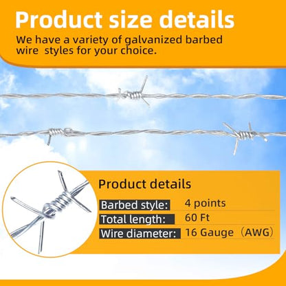 AggFencer 60ft Barbed Wire, 4 Point 16Ga Hot-Dip Galvanized Barb Wire Roll | Suitable for Crafts Fences, Fence for Critter Deterrent - size: 4-points 60ft 16ga