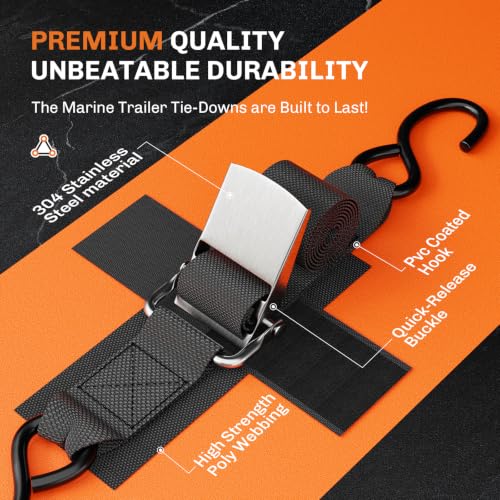 Stainless Steel Boat Trailer Transom Tie Down Straps, 1200 LBS Capacity, 2" x 4' Adjustable Buckle Straps for Boat, Jet Ski & Pontoon, with Quick-Release & Anti-Scratch Hooks - Silver - color: Silver
