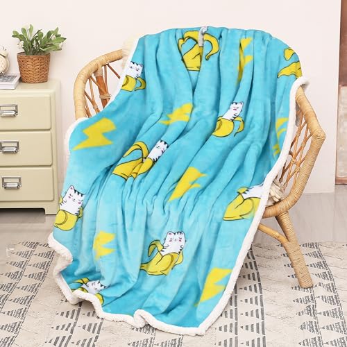 Catalonia Banana Cat Print Sherpa Fleece Throw Blanket, Soft Mink Plush Couch Blanket, Fuzzy Fluffy Comfy Warm Throws, Comfort Caring Gift, 50x60 inches - color: Banana Cat Blue, size: 50"x60"