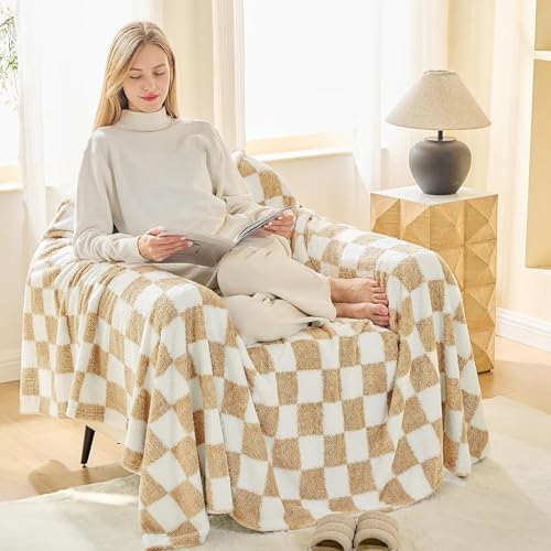 EMME Checkered Blanket Twin Size - 60"x80" Beige Knit Blanket Soft Fluffy Patterned Throw Blankets for Couch, Sofa, Chair, Bed, Camping, Picnic, Travel - color: 21-checkered Beige, size: Twin