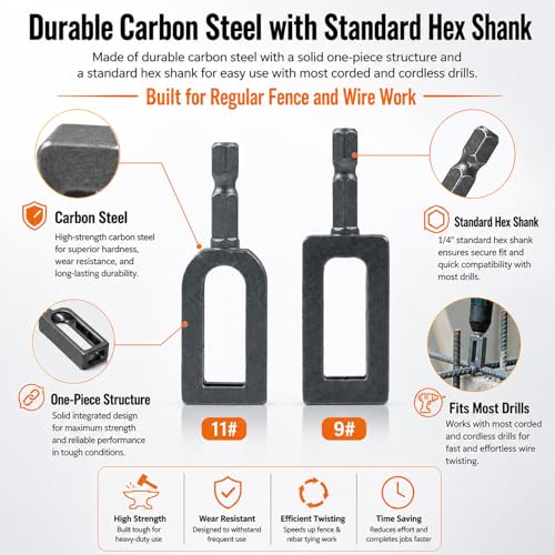Wire Twister Tool for Drill, 2 Pack Wire Twisting Tool for Drill, Heavy Duty Drill Wire Twister Attachment with 9# and 11# Openings for Fence Repair, Farm Ranch Garden Wire Tying and Rebar Tying