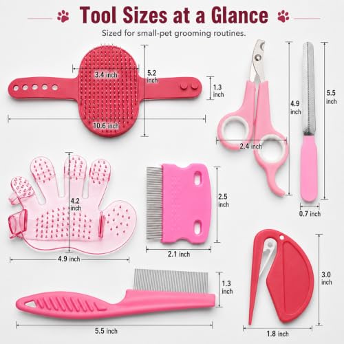 Rabbit Grooming Kit, 7-Piece Bunny Brush and Nail Care, Pink | 7 tools for loose fur, combing, light tangles and nail care; for rabbits, guinea pigs, hamsters and ferrets - color: Pink