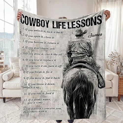 Cowboy Life Lessons Blanket, Personalized Cowboy Fleece Blanket, Cool Blanket Gift for Horse Lovers, Personalized Horse Blanket for Boys Custom Blanket with Name, Horse Throw Blanket for Men 50”x60”