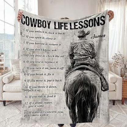 Cowboy Life Lessons Blanket, Personalized Cowboy Fleece Blanket, Cool Blanket Gift for Horse Lovers, Personalized Horse Blanket for Boys Custom Blanket with Name, Horse Throw Blanket for Men 50”x60”