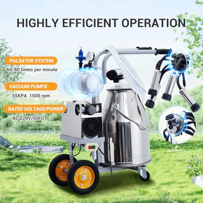 Electric Milking Machine, 25L Stainless Steel Cow Milker Cart