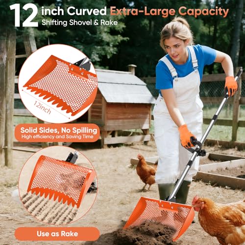 12inch Chicken Poop Scooper & Rake 2-in-1 with Adjustable Handle - color: Orange