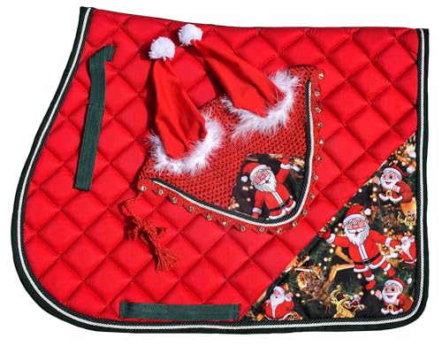 Santa Calus Costume for Horses, Christmas All Purpose English Saddle Pad, Handmade Jumping Saddle Pad, Fly Bonnet, Festive Style, Xmas Spirit - size: PONY