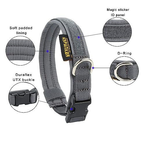EXCELLENT ELITE SPANKER Military Nylon Small Puppy Dog Collar with Padded | Tactical Adjustable Pet Collar Heavy Duty Quick-Release & Lightweight No-Choke for Small Medium Breeds with Patches - color: Grey, size: S-(13.4"-17.7")