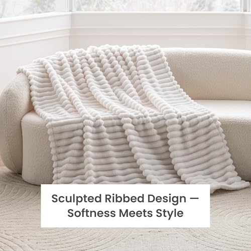 Berkshire Ribbed VelvetLoft® Throw – 330gsm Medium Weight Plush, Extra Soft & Warm Plush Throw Blanket for Bedroom, Couch, Travel – Durable & Easy Care(Goose Egg, Throw Size 50" x 60") - color: Goose Egg, size: Throw (50 in x 60 in)