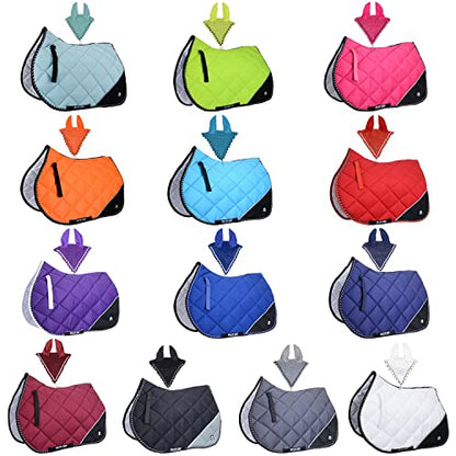 Quilted English Saddle Pad, Matching Ear Bonnet Set Breathable Riding Numnah Shock Absorbing Padding for Jumping, Schooling - color: Electric Lime