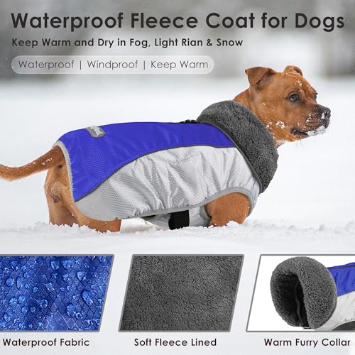 Petglad Dog Coat, Waterproof Ripstop Dog Winter Jacket with Leash Hole, Reflective Adjustable Warm Pet Fleece Snow Sweater for Small Medium Large Dogs - Blue, XL - color: Blue, size: XL