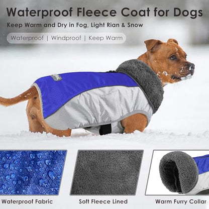 Petglad Dog Coat, Waterproof Ripstop Dog Winter Jacket with Leash Hole, Reflective Adjustable Warm Pet Fleece Snow Sweater for Small Medium Large Dogs - Blue, XL - color: Blue, size: XL