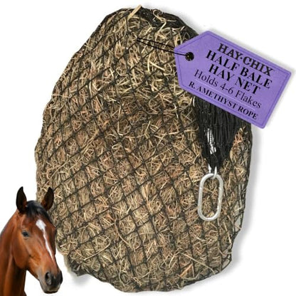 hay chix Half Bale Hay Net for Horses | 1 3/4" Holes, Amethyst Rope - color: Redemption Amethyst