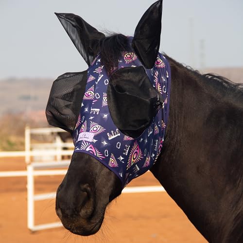 Stretchy Fly Mask for Horses, Mane Opening Design, Large Eye Space, Breathable & Soft on Skin (Midnight Sparkle, Full (Large)) - color: Midnight Sparkle, size: Full (Large)