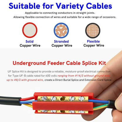Upgraded Underground Wire Splice Kit & in Wall Splice Kit,UF Wire Splice Kit,14/3 to 8/3 AWG Screw Splice Connectors w/ 8" Heavy-Wall Heat Shrink for Direct Burial & Extension Cord, 1 Set, Red